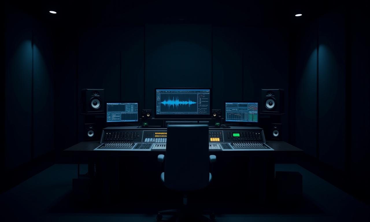 Modernes Tonstudio mit Mischpult und Bildschirm